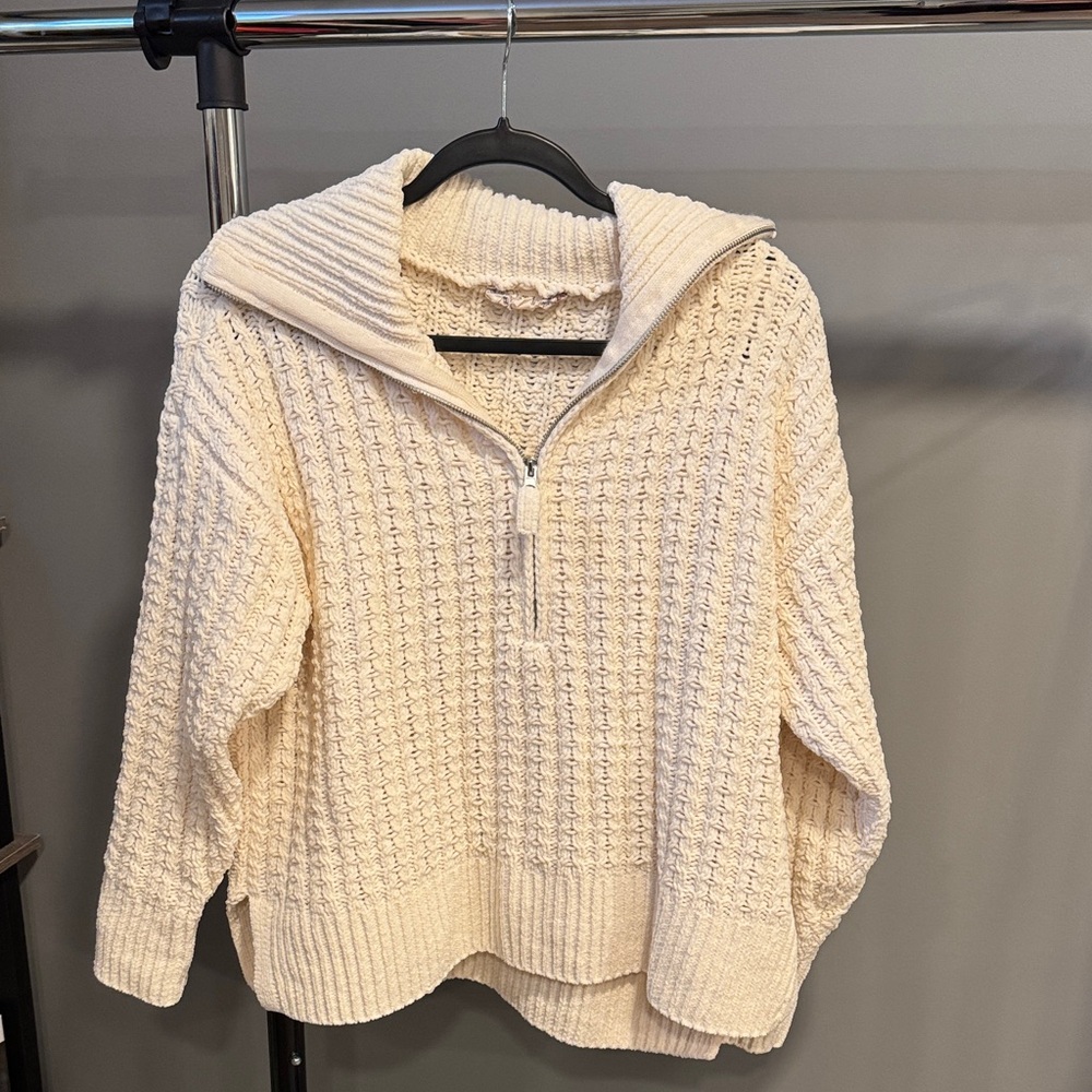 Pink Republic Cream Textured Half-Zip Sweater